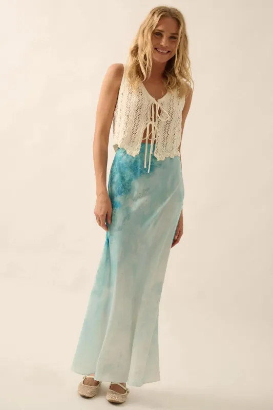 Dancing in the Rain Tie-Dye Satin Maxi Skirt sold by Promesa
