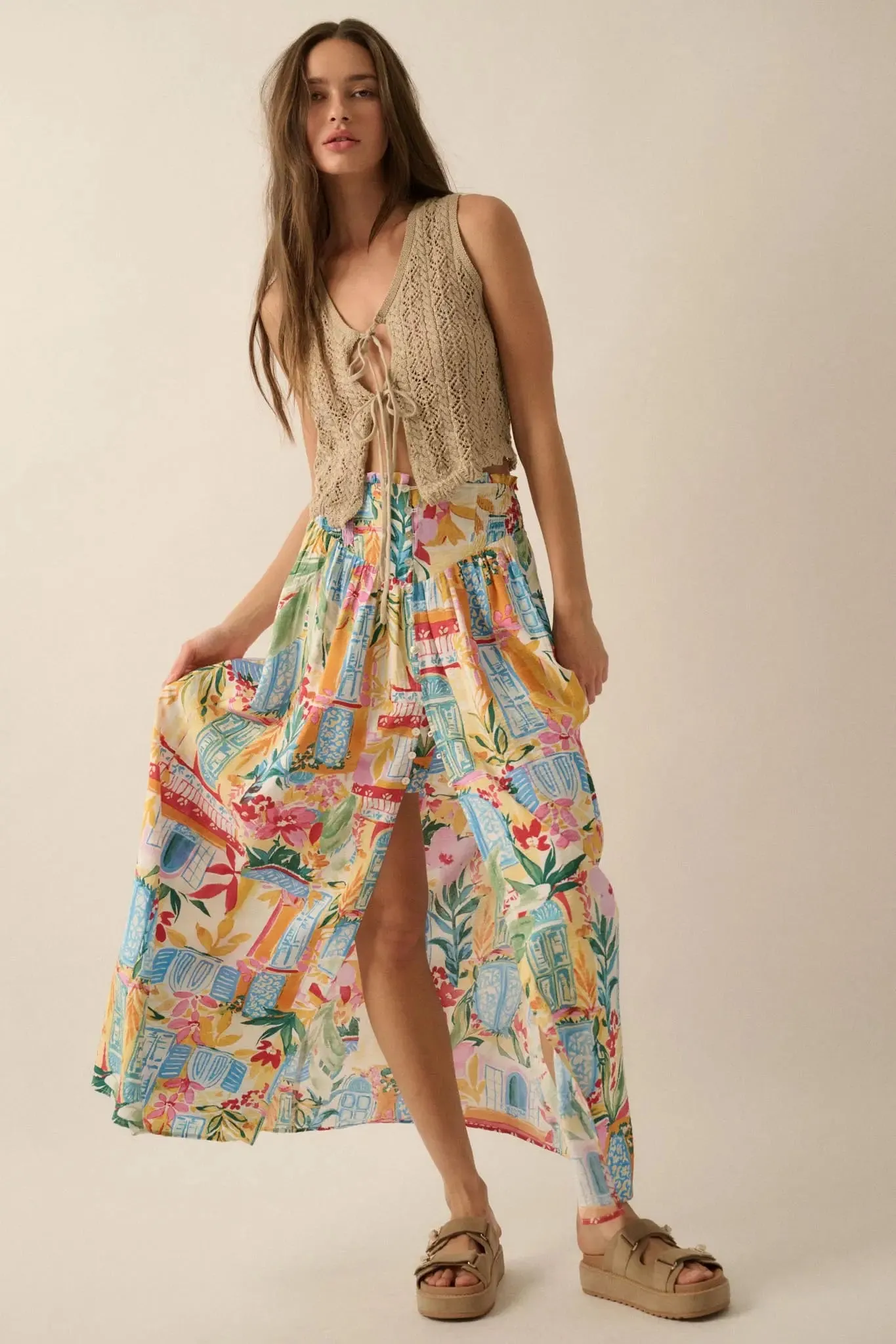 Havana Holiday Tropical Floral Buttoned Maxi Skirt sold by Promesa