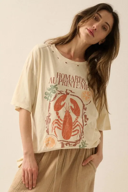 Homards Au Printemps Distressed Lobster Graphic Tee sold by Promesa