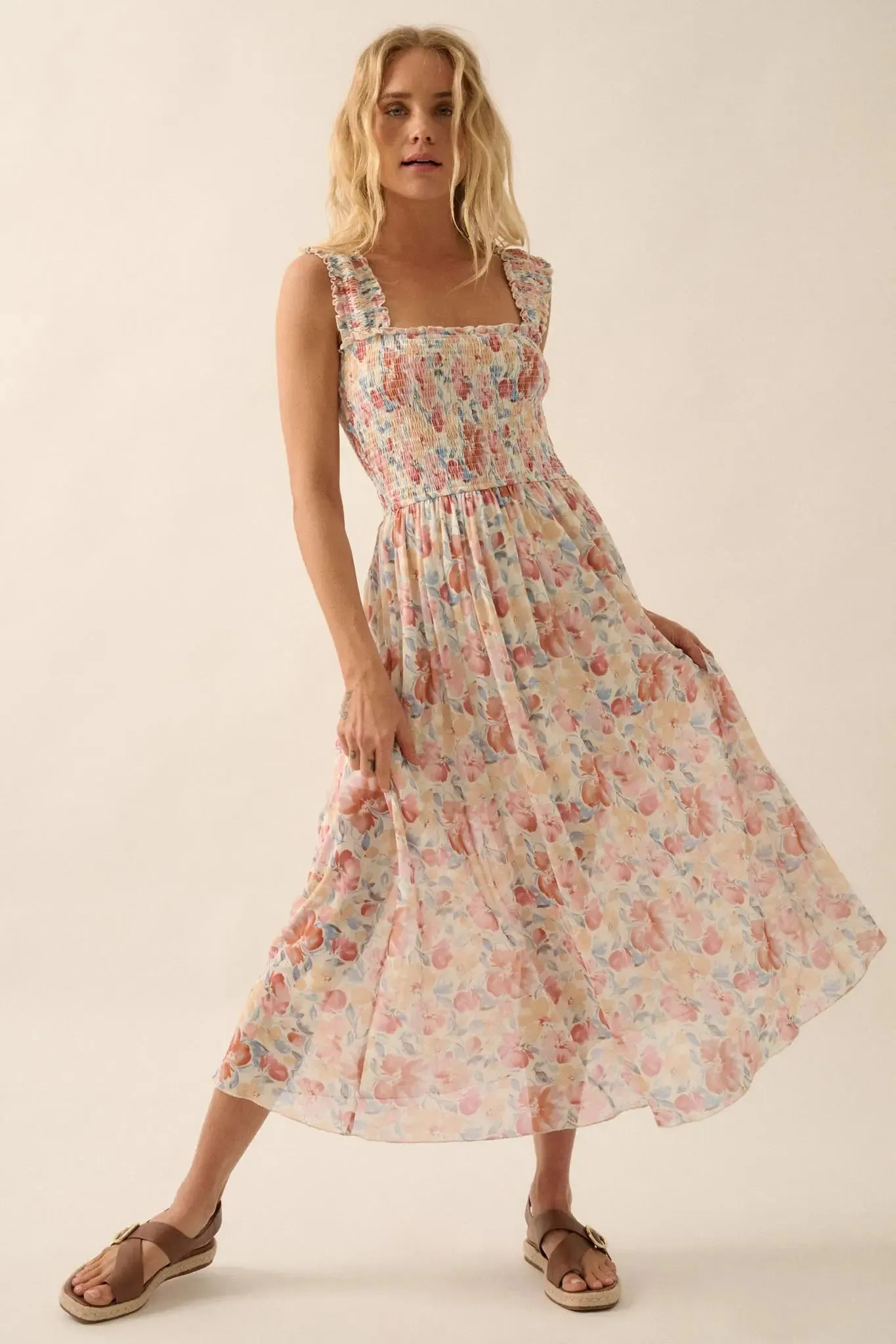 Sunny Day Bouquet Smocked Floral Mesh Maxi Dress sold by Promesa