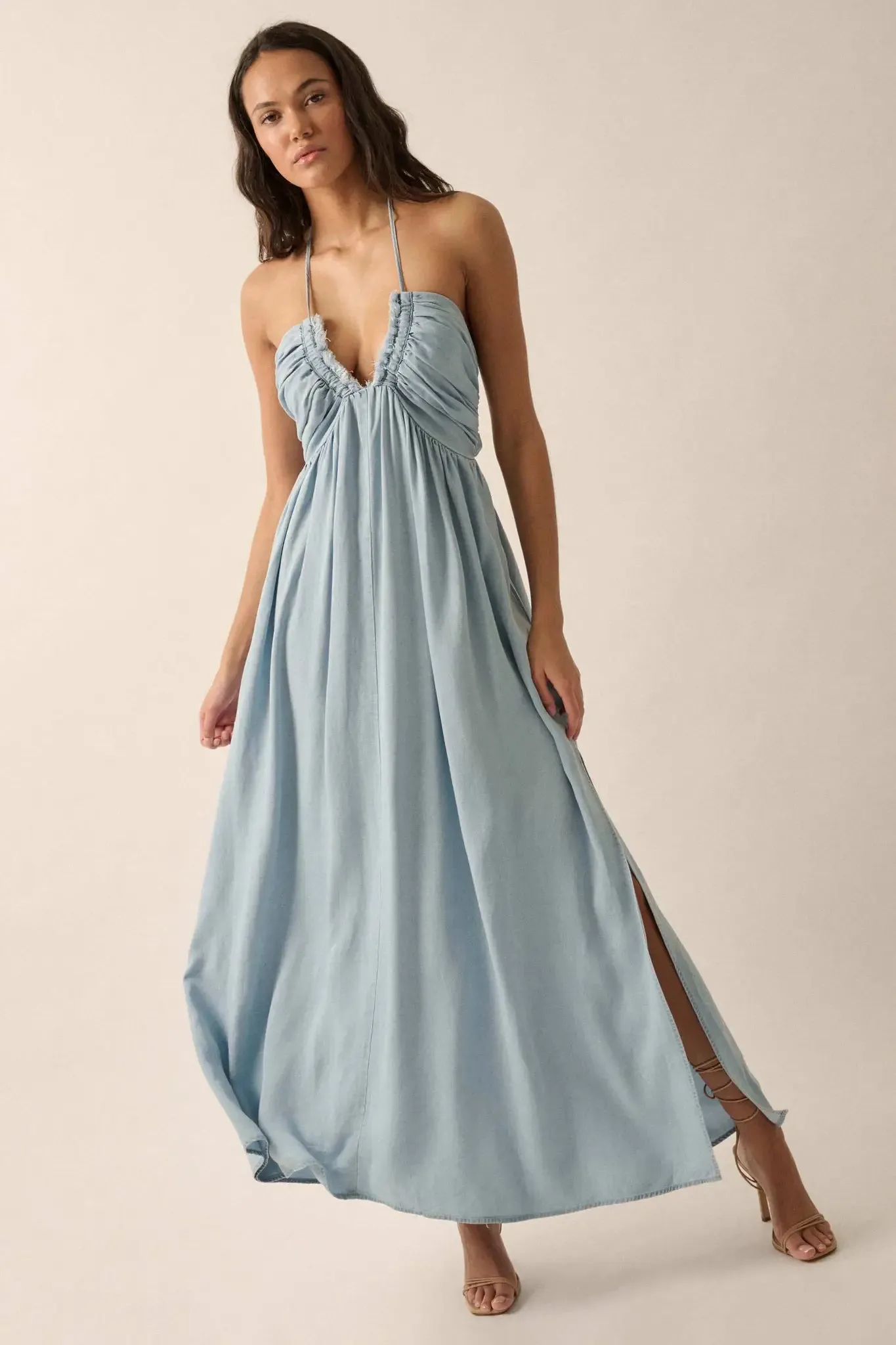 Blue Bayou Denim Tie-Back Halter Maxi Dress sold by Promesa