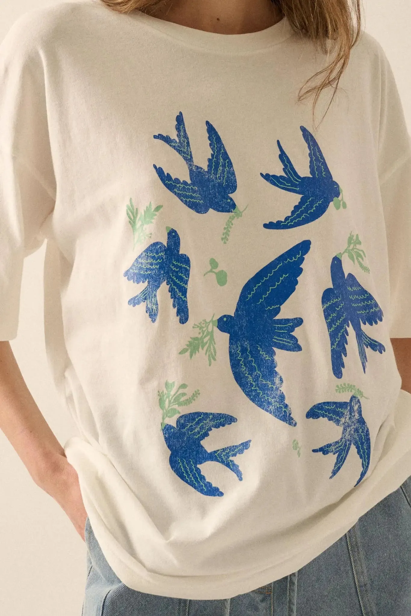 Blue Birds Vintage-Print Oversize Graphic Tee sold by Promesa product image thumbnail 2