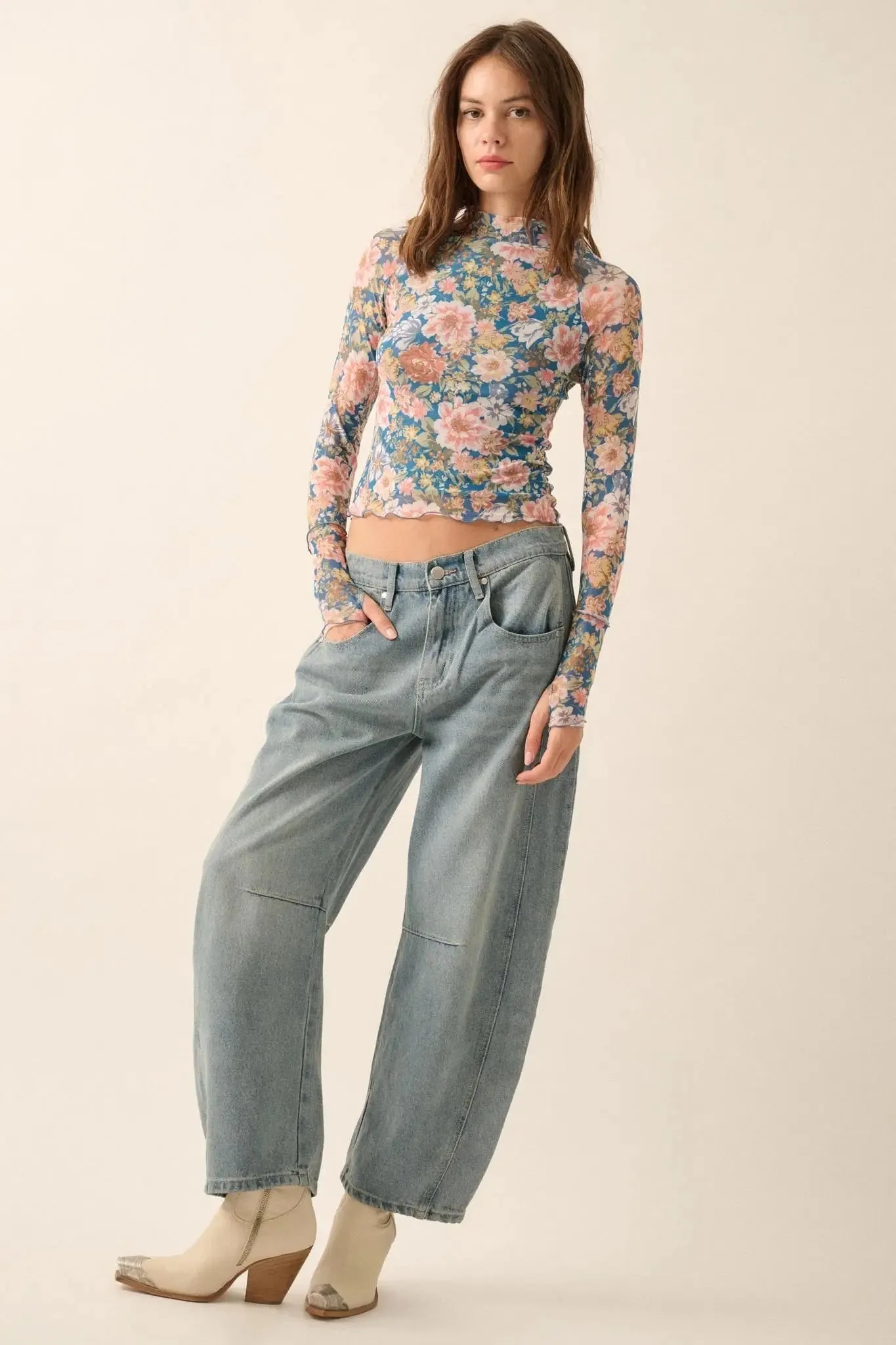Wild Blooms Floral Mesh Mock-Neck Thumbhole Top sold by Promesa product image thumbnail 3
