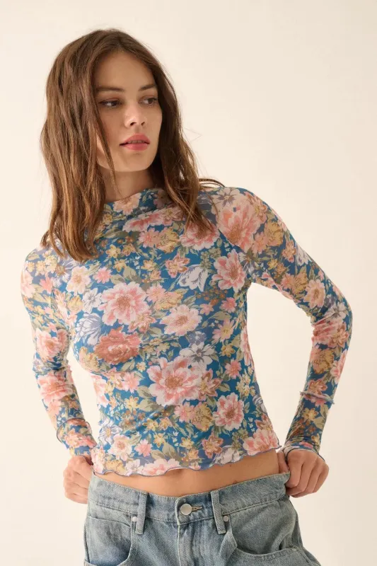 Wild Blooms Floral Mesh Mock-Neck Thumbhole Top sold by Promesa
