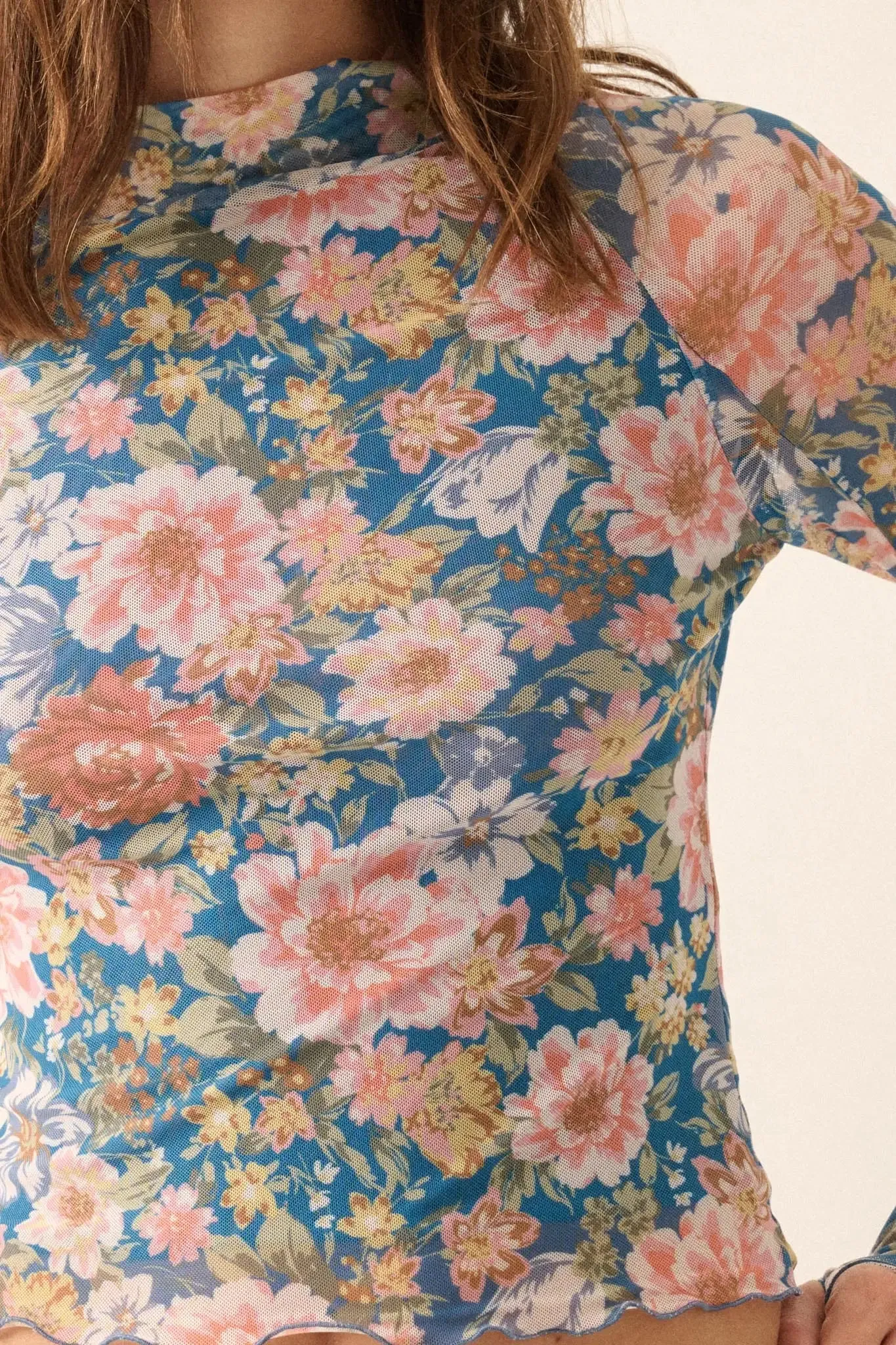 Wild Blooms Floral Mesh Mock-Neck Thumbhole Top sold by Promesa product image thumbnail 4