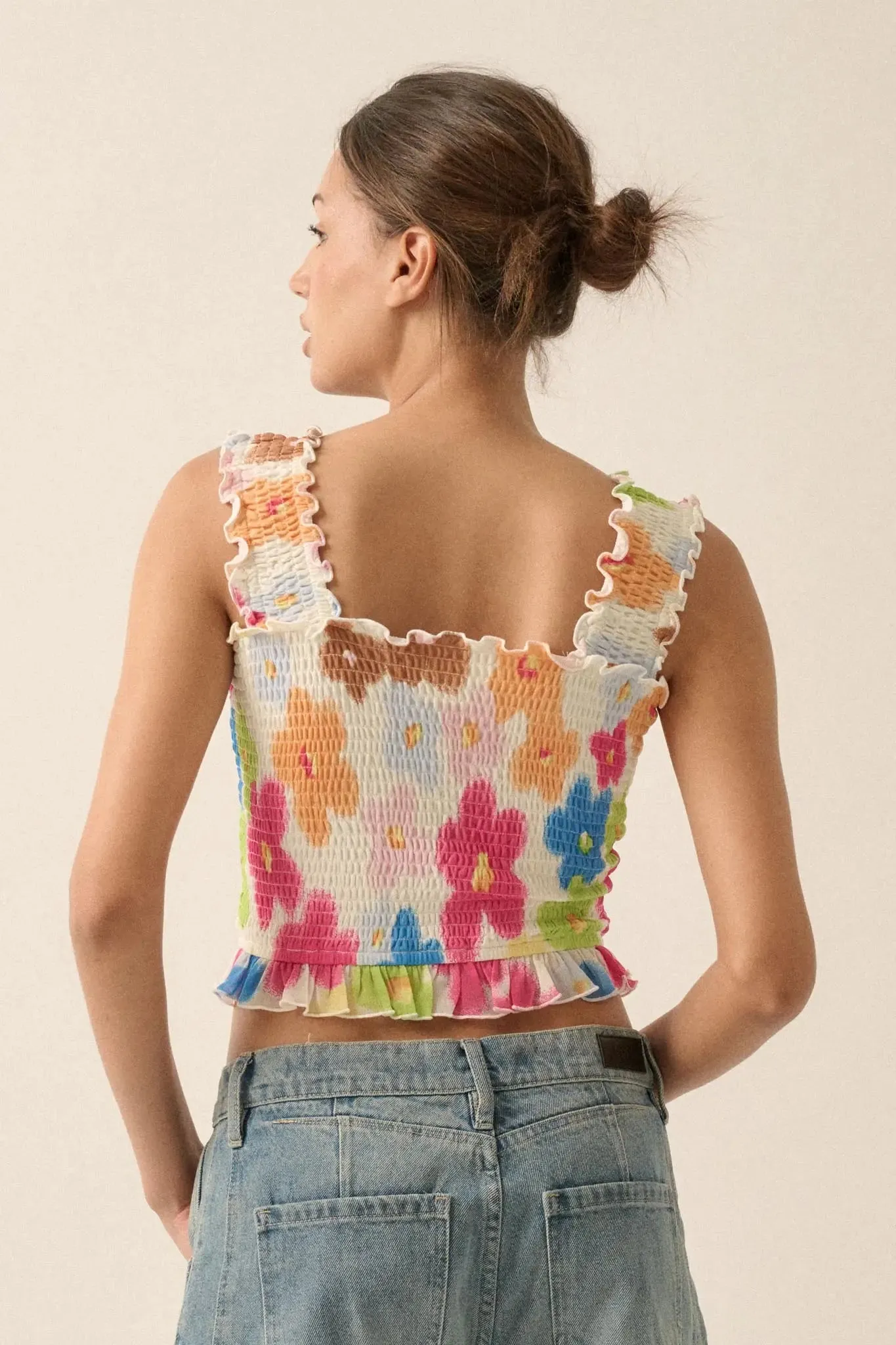 Funky Flowers Smocked Floral Mesh Ruffle Tank Top sold by Promesa product image thumbnail 2