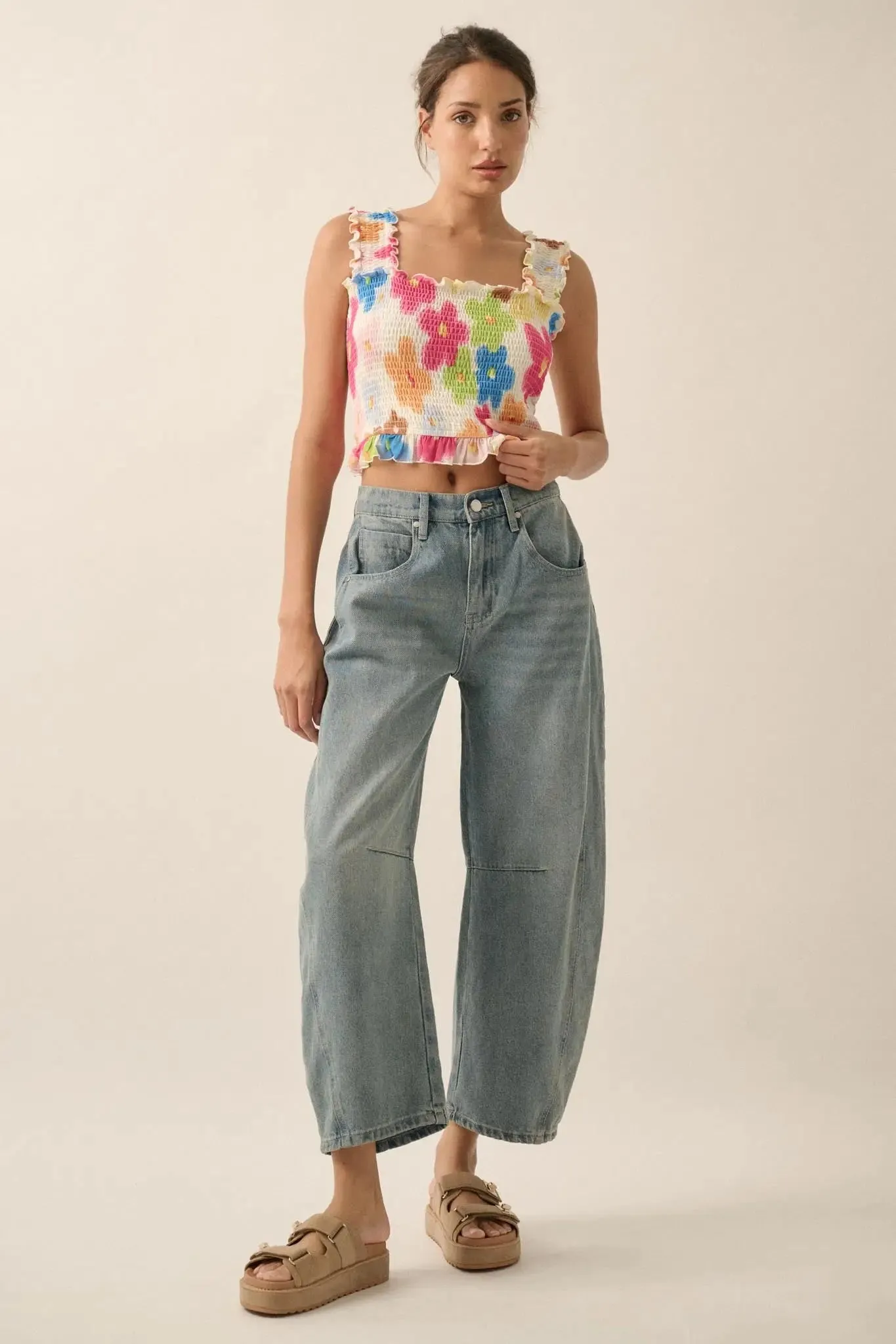 Funky Flowers Smocked Floral Mesh Ruffle Tank Top sold by Promesa product image thumbnail 3