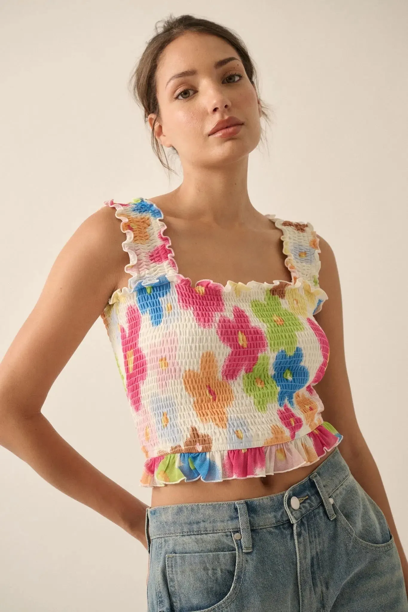 Funky Flowers Smocked Floral Mesh Ruffle Tank Top sold by Promesa