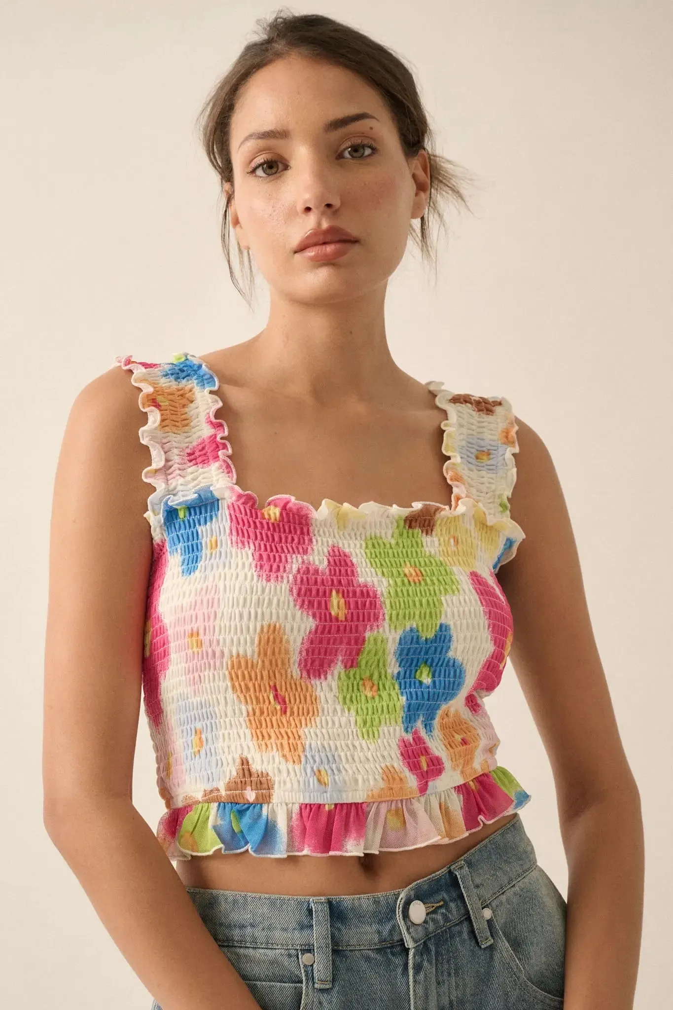 Funky Flowers Smocked Floral Mesh Ruffle Tank Top sold by Promesa product image thumbnail 5