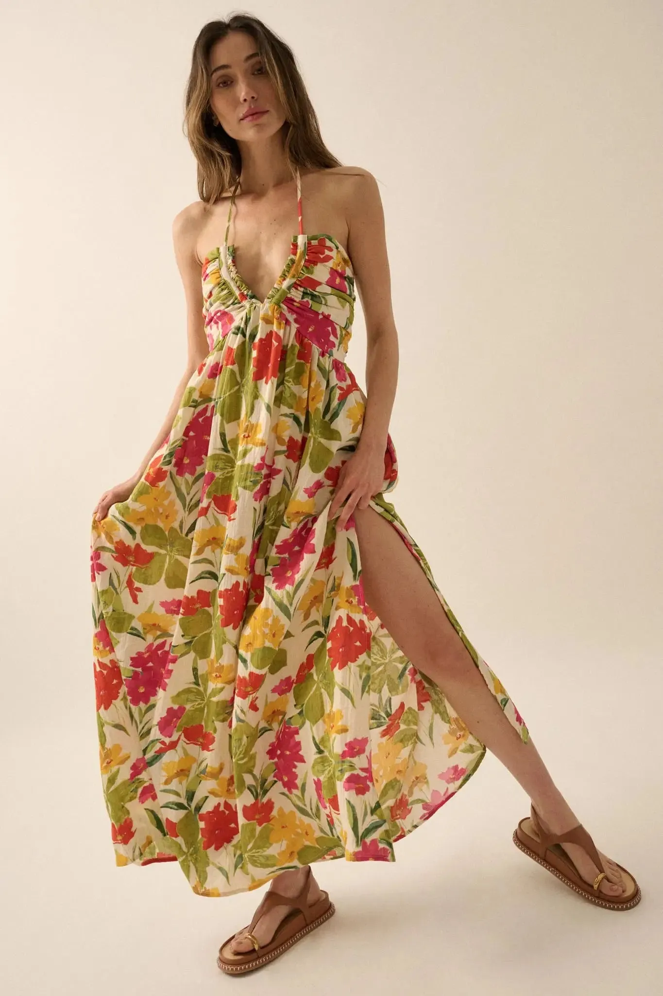 Lovely Luau Tropical Floral Halter Maxi Dress sold by Promesa