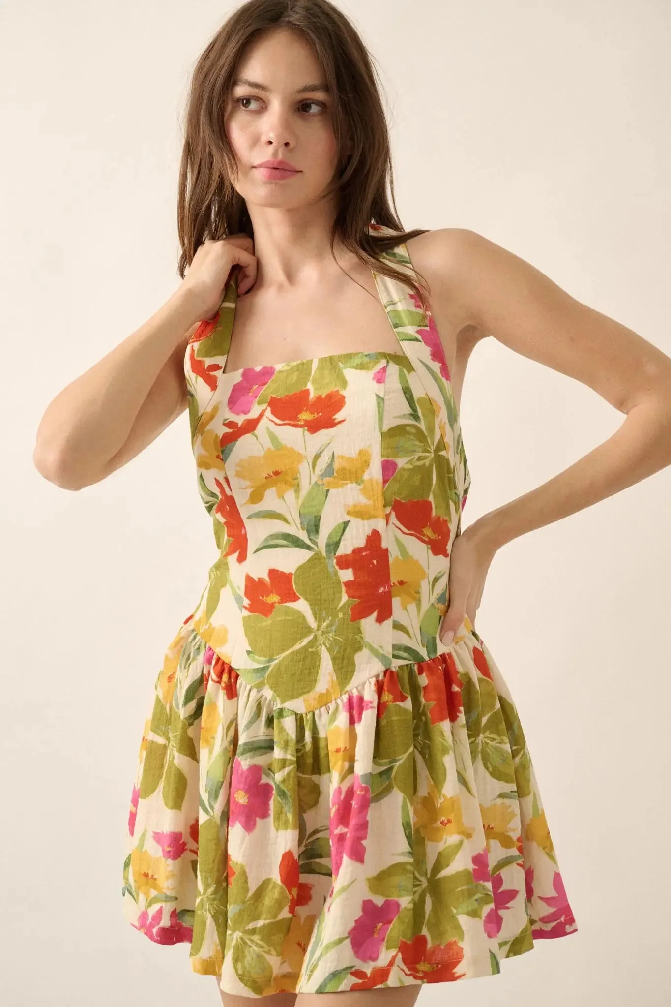 Maui Magic Tropical Floral Halter Mini Dress sold by Promesa
