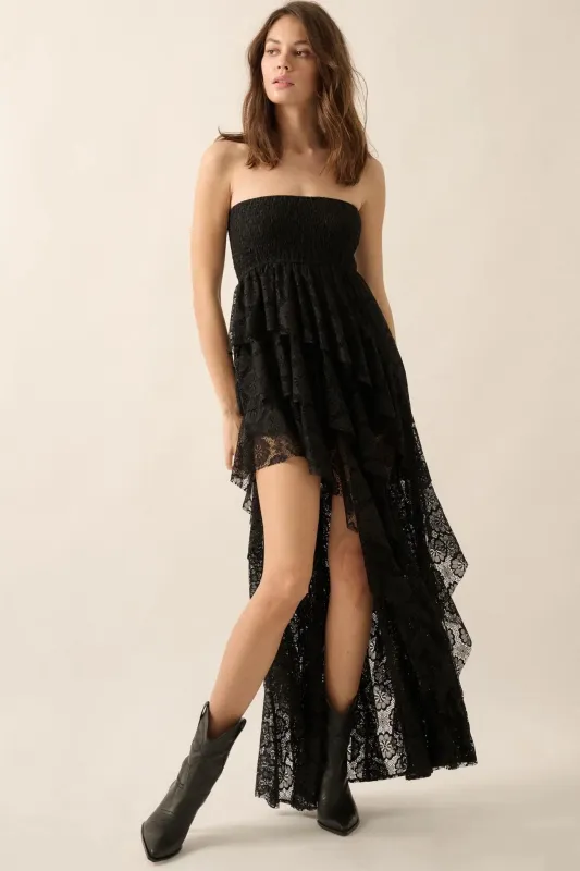 Ever After Asymmetrical Lace Strapless Maxi Dress sold by Promesa