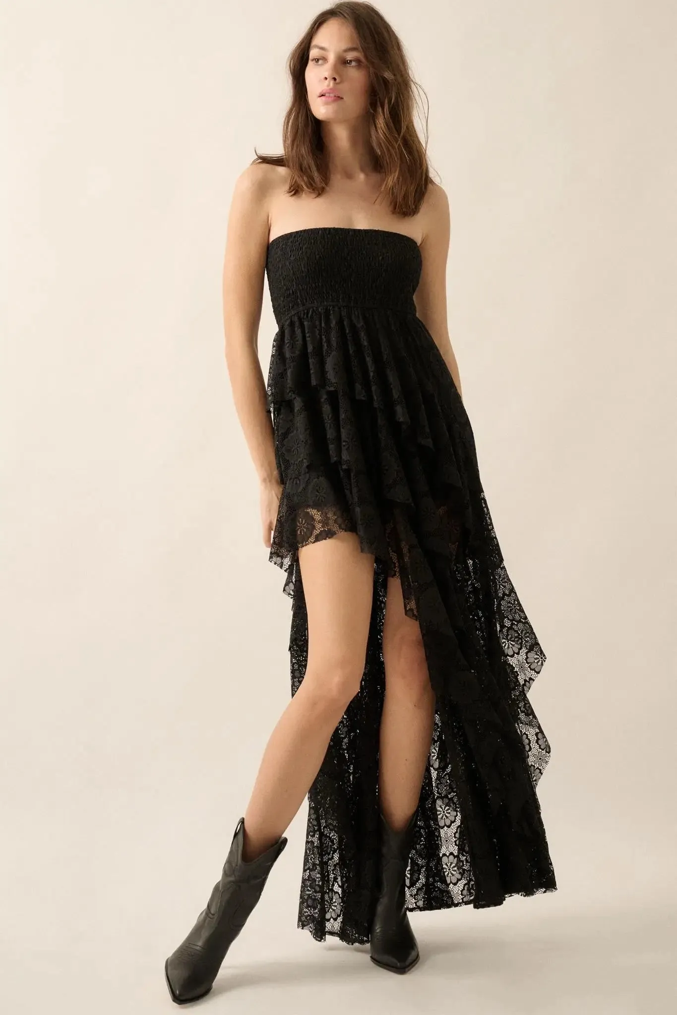 Ever After Asymmetrical Lace Strapless Maxi Dress sold by Promesa
