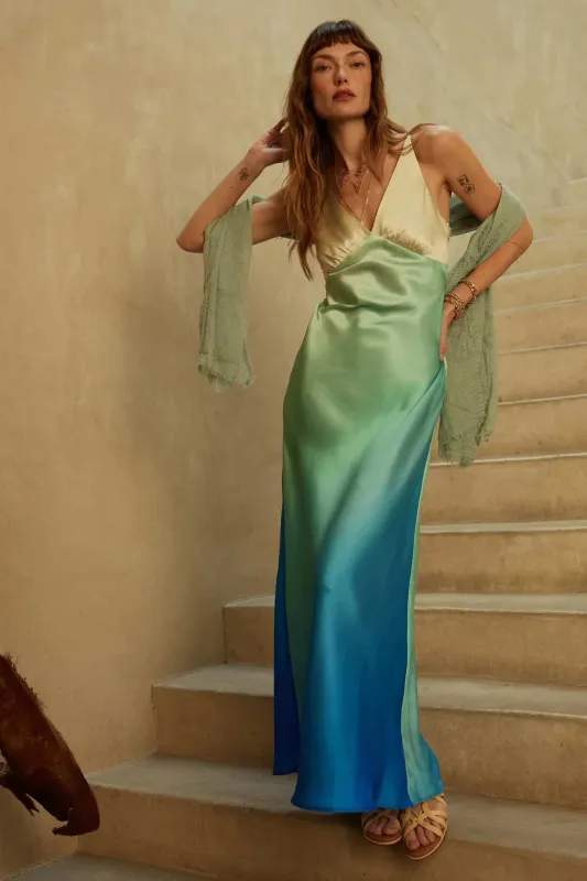Shady Lady Ombre Satin Column Maxi Dress sold by Promesa
