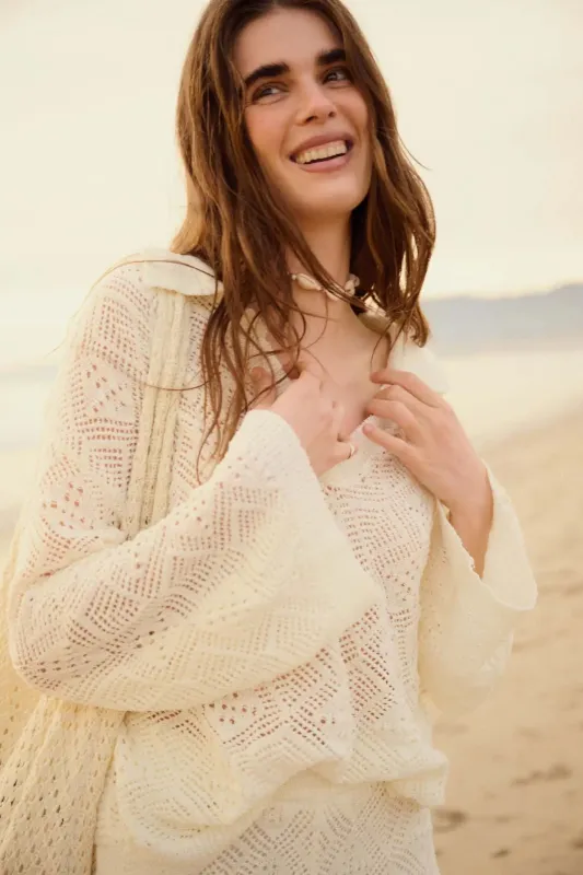 Diamond Dream Pointelle Crochet-Knit Polo Sweater made by Promesa