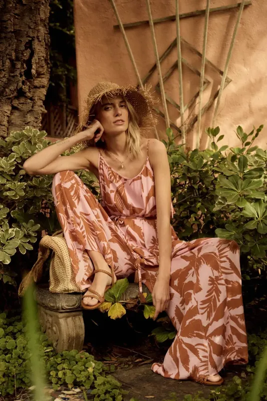 Leaf Me Be Tropical Belted Wide-Leg Jumpsuit sold by Promesa