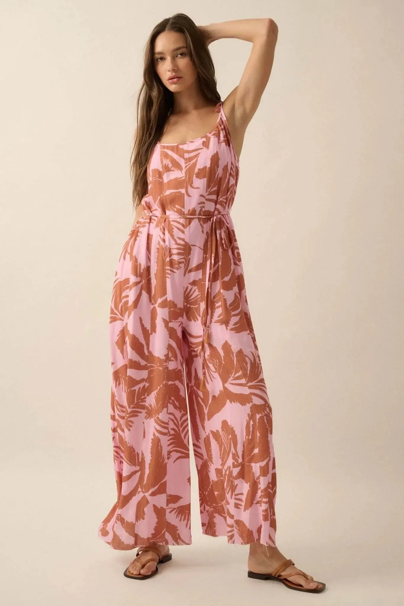 Leaf Me Be Tropical Belted Wide-Leg Jumpsuit sold by Promesa product image thumbnail 4
