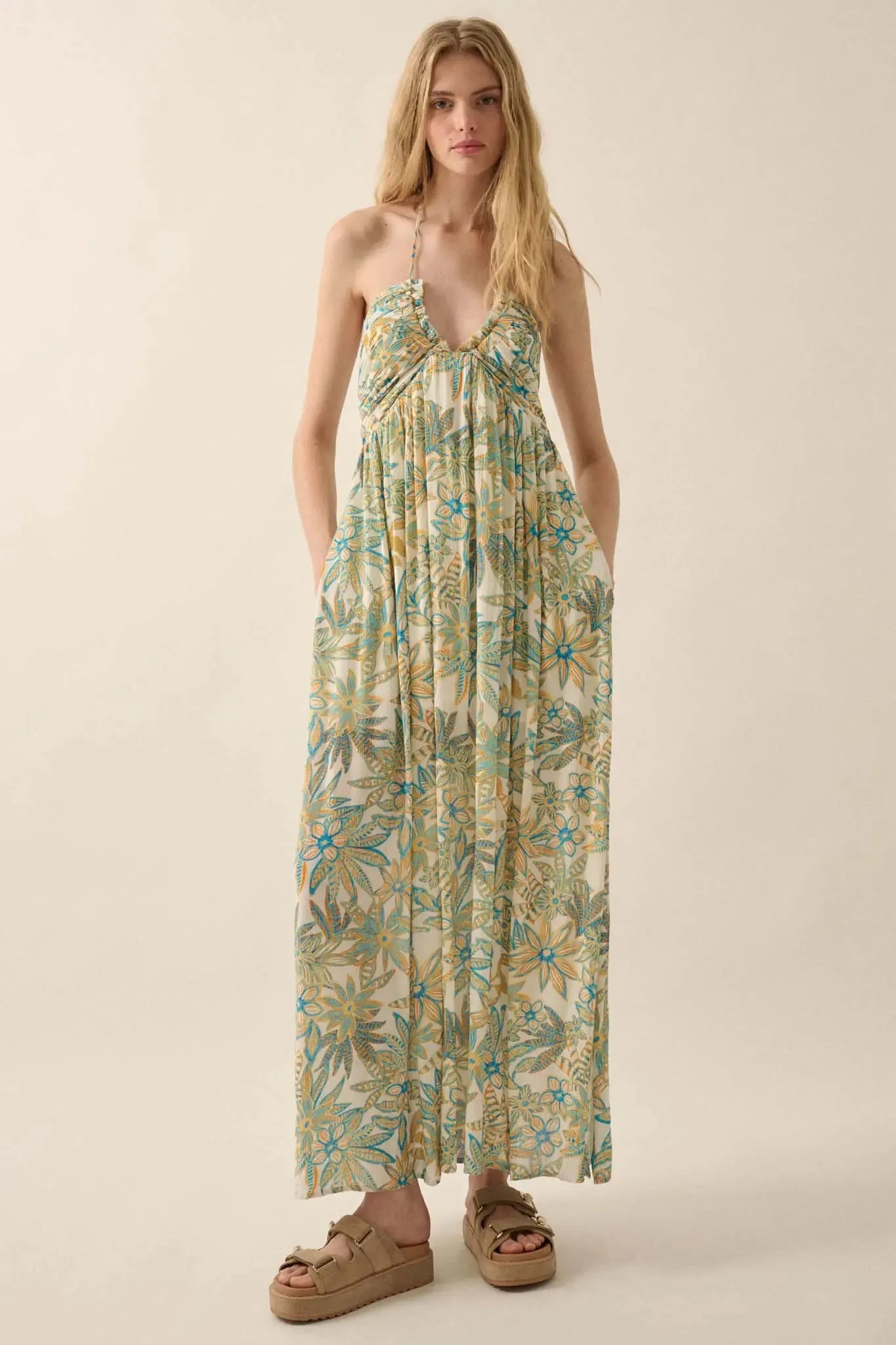 Abundant Blooms Floral Crepe Halter Maxi Dress sold by Promesa product image thumbnail 4