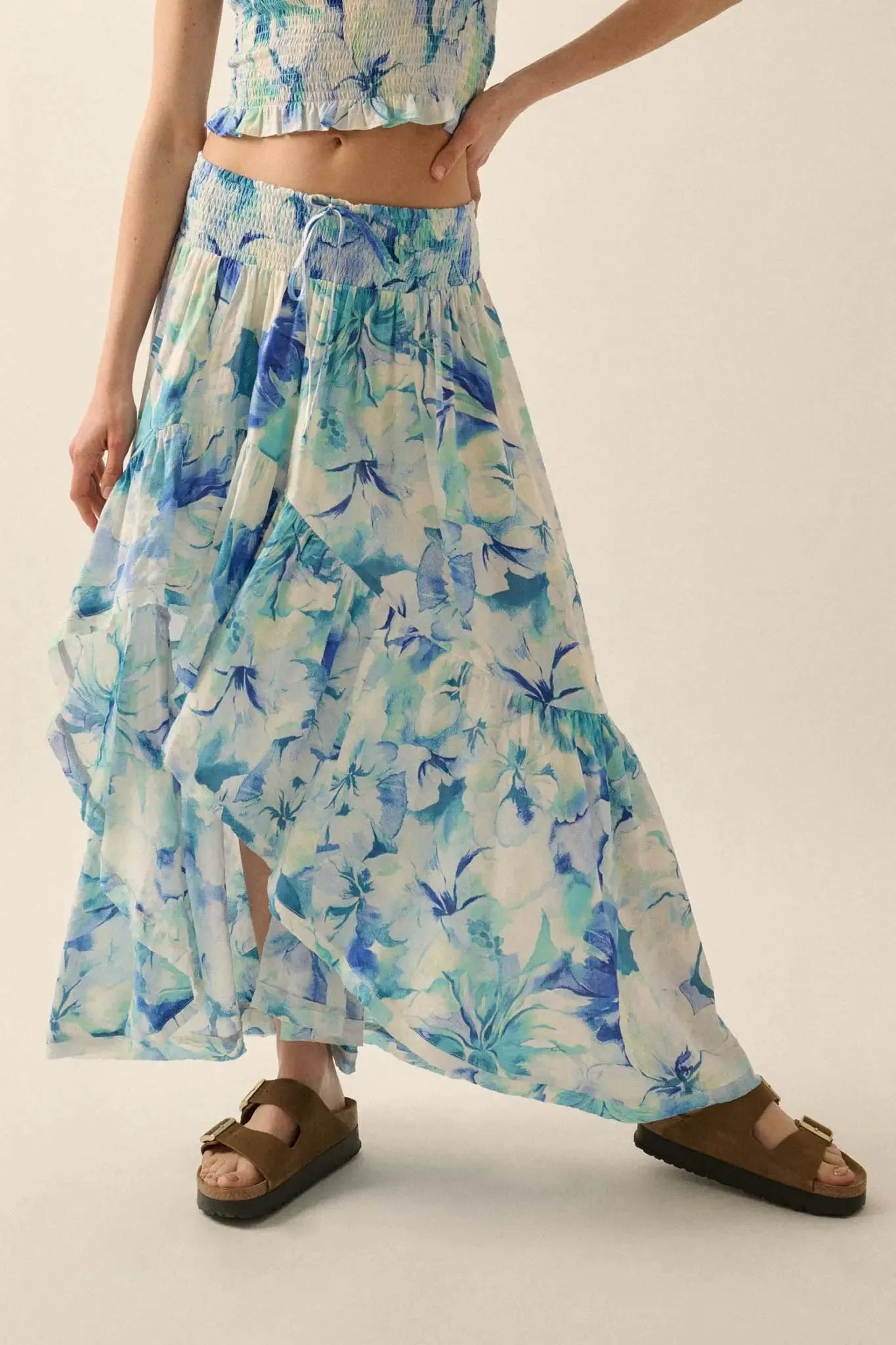 Azure Petals Floral High-Low Ruffle Maxi Skirt sold by Promesa product image thumbnail 4