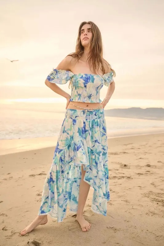Azure Petals Floral High-Low Ruffle Maxi Skirt sold by Promesa