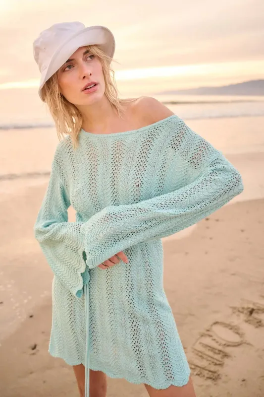 Feeling Fine Crochet Knit Bell-Sleeve Mini Dress sold by Promesa