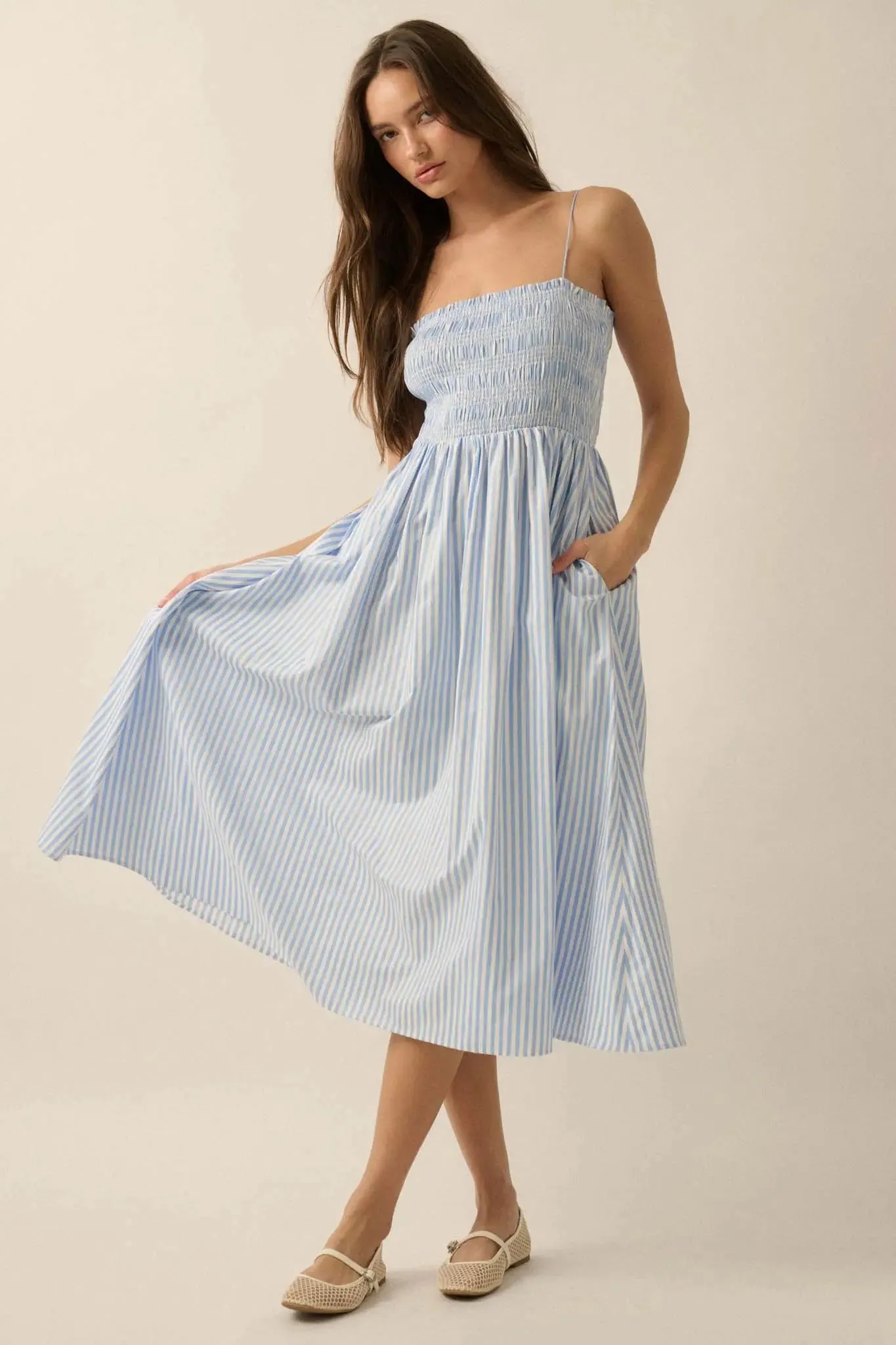 Stripe It Up Striped Smocked Pocket Midi Dress sold by Promesa product image thumbnail 4