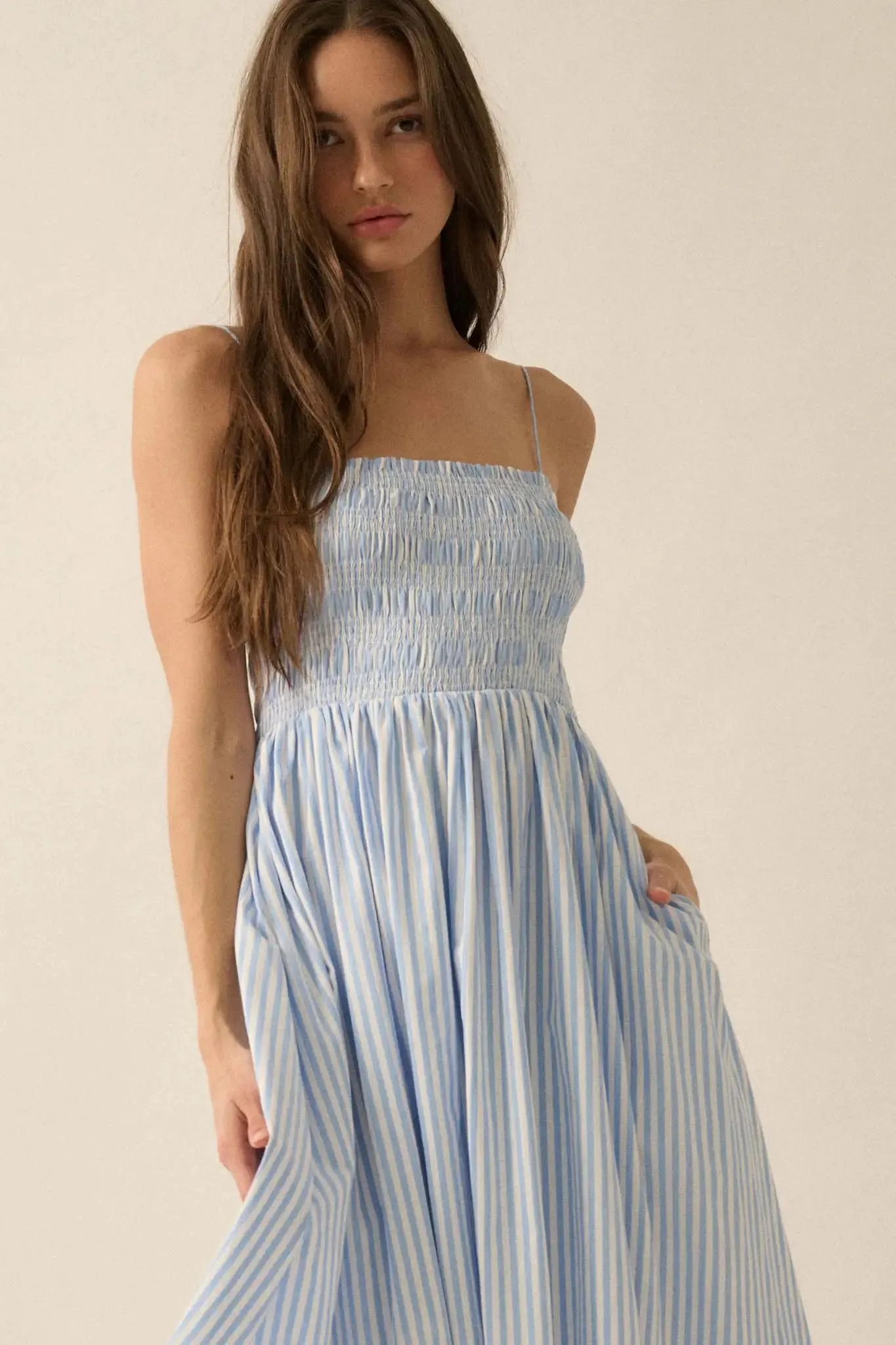 Stripe It Up Striped Smocked Pocket Midi Dress sold by Promesa product image thumbnail 5