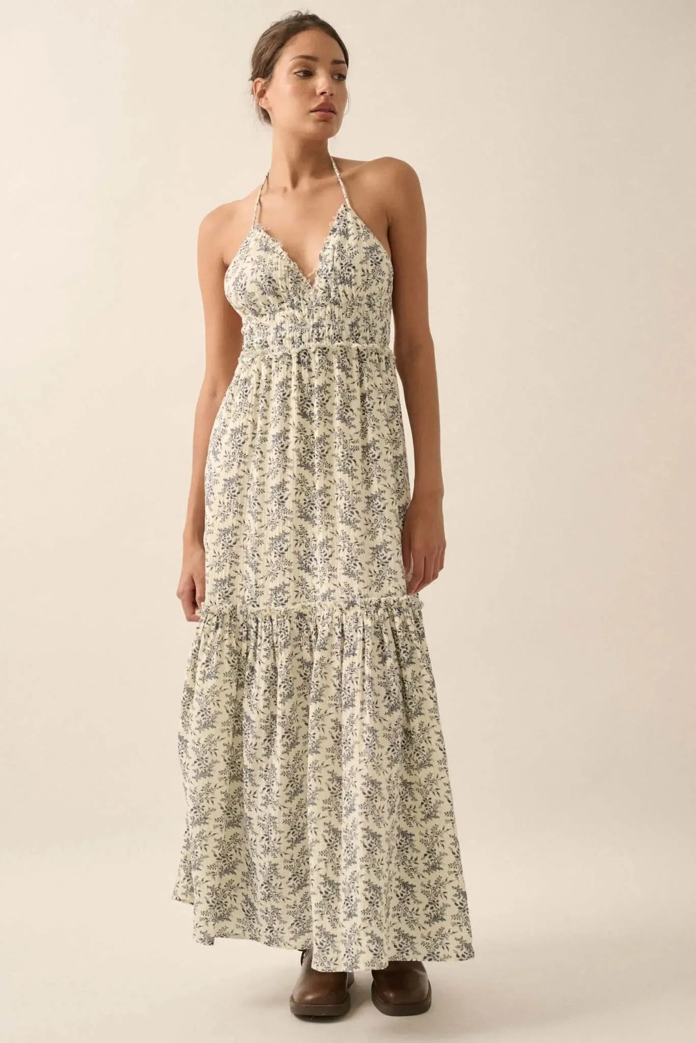 Pretty Posies Floral-Print Gauze Halter Maxi Dress sold by Promesa product image thumbnail 5