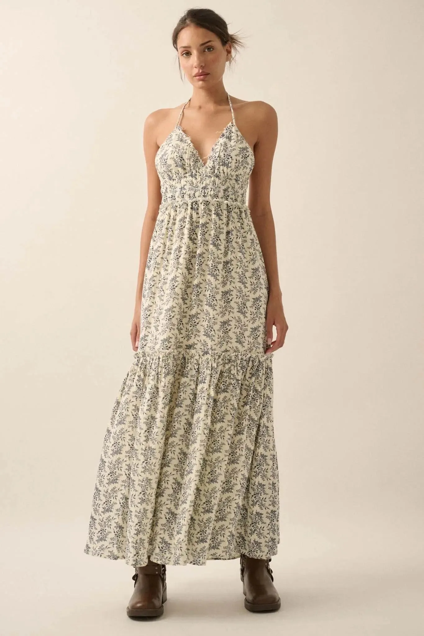 Pretty Posies Floral-Print Gauze Halter Maxi Dress sold by Promesa product image thumbnail 4