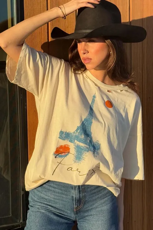Paris Eiffel Tower Distressed Oversize Graphic Tee made by Promesa
