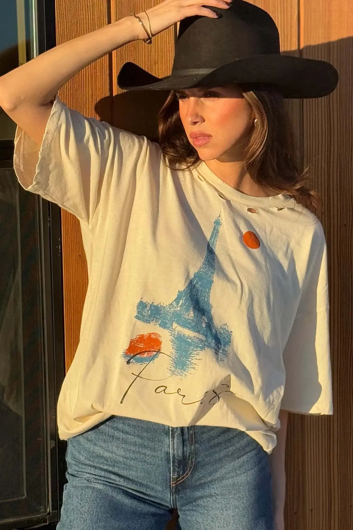 Paris Eiffel Tower Distressed Oversize Graphic Tee sold by Promesa