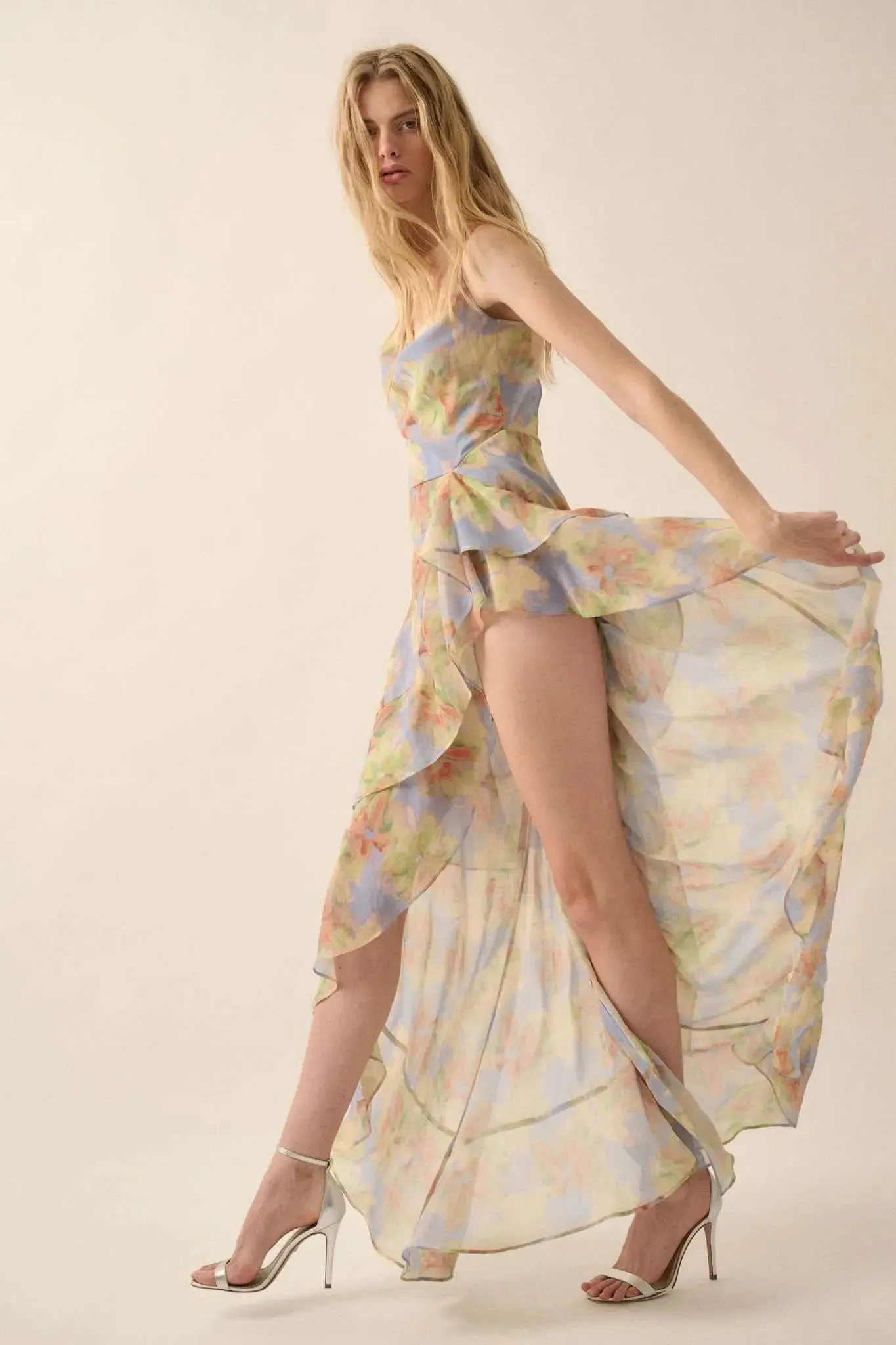 Fairy Garden Draped Floral Chiffon Maxi Dress sold by Promesa