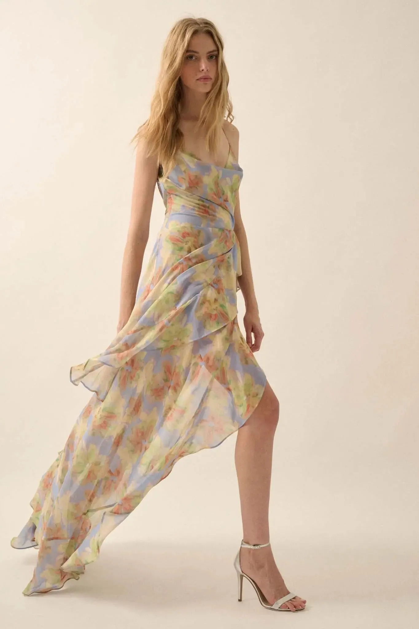 Fairy Garden Draped Floral Chiffon Maxi Dress sold by Promesa product image thumbnail 4