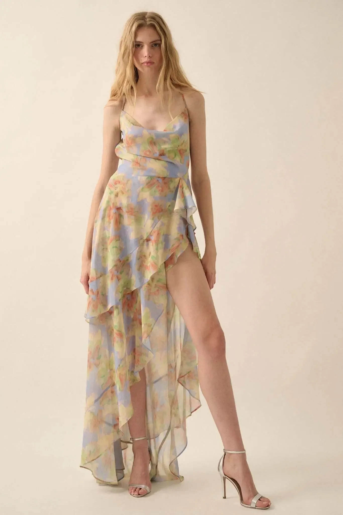 Fairy Garden Draped Floral Chiffon Maxi Dress sold by Promesa product image thumbnail 2