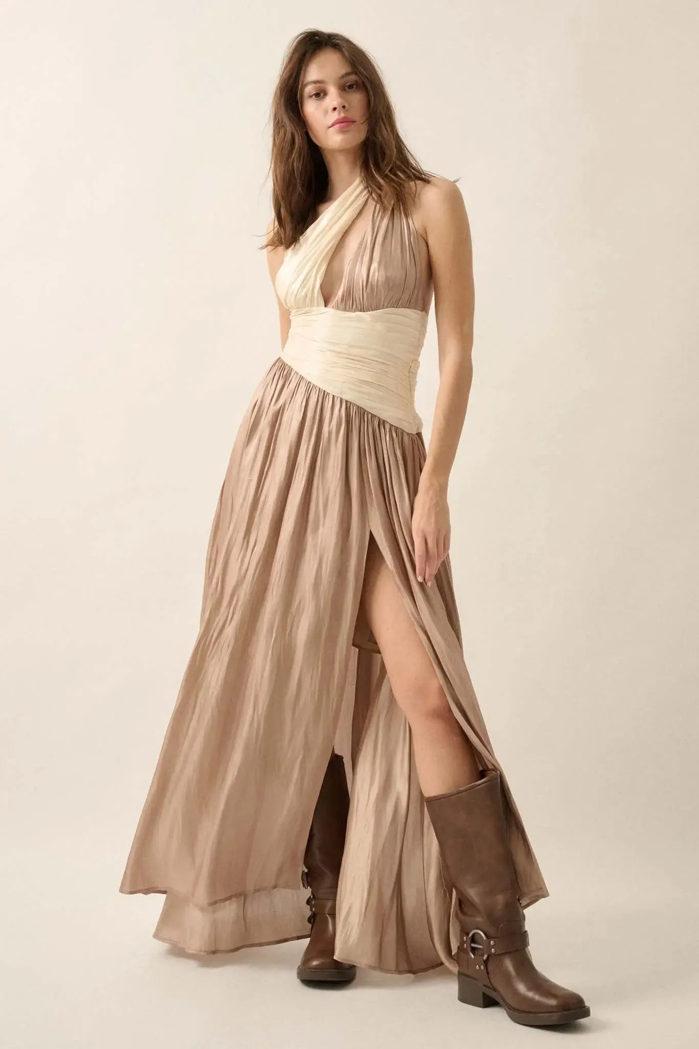 Magic Moment Shimmer Satin One-Shoulder Maxi Dress sold by Promesa