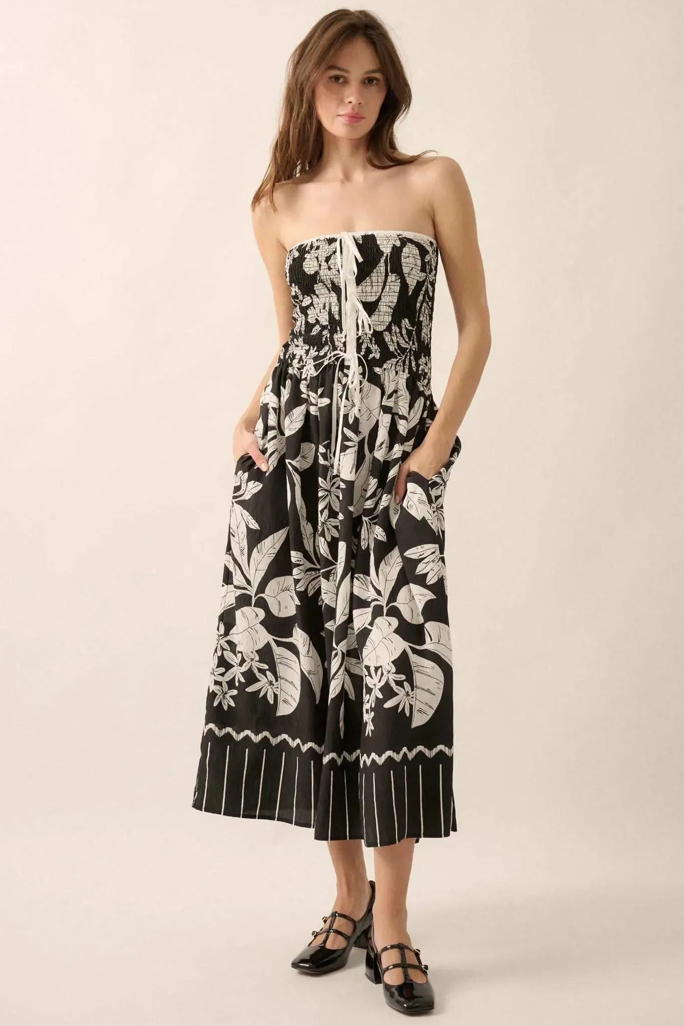 Palm Poetry Tropical Strapless Pocket Midi Dress sold by Promesa product image thumbnail 4