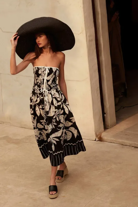 Palm Poetry Tropical Strapless Pocket Midi Dress sold by Promesa