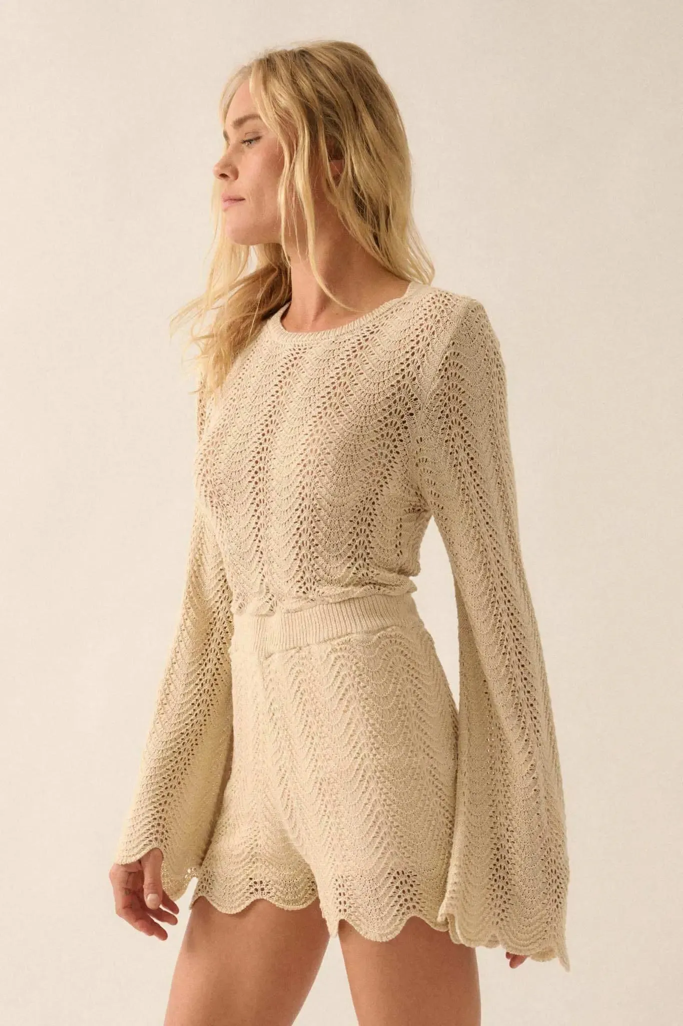 Kick Back Crochet Bell-Sleeve Open-Back Romper sold by Promesa product image thumbnail 5