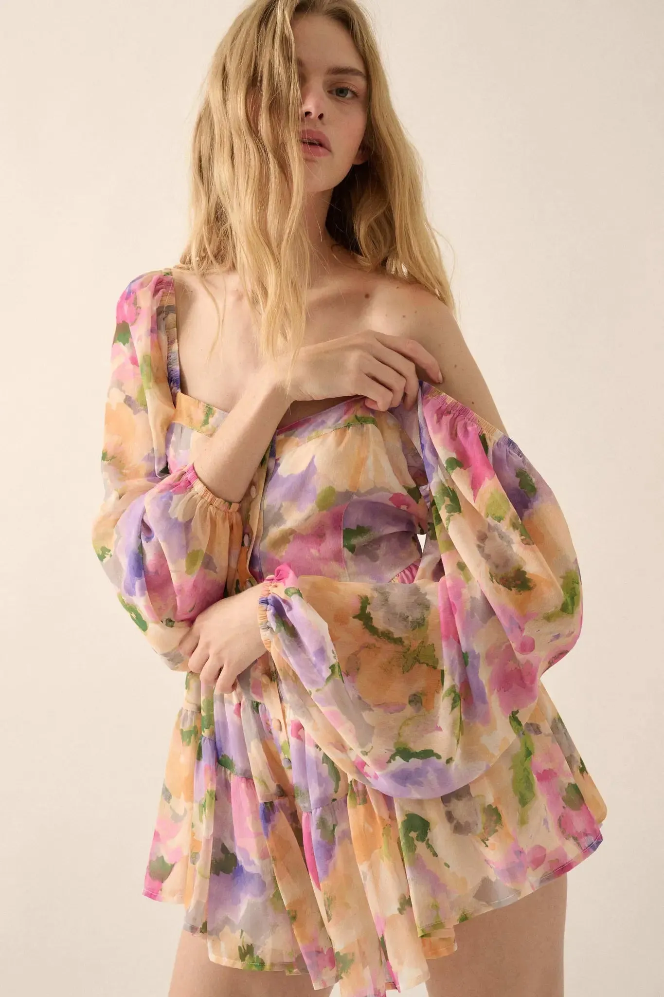 Bright Bouquet Floral Chiffon Romper Dress sold by Promesa product image thumbnail 4