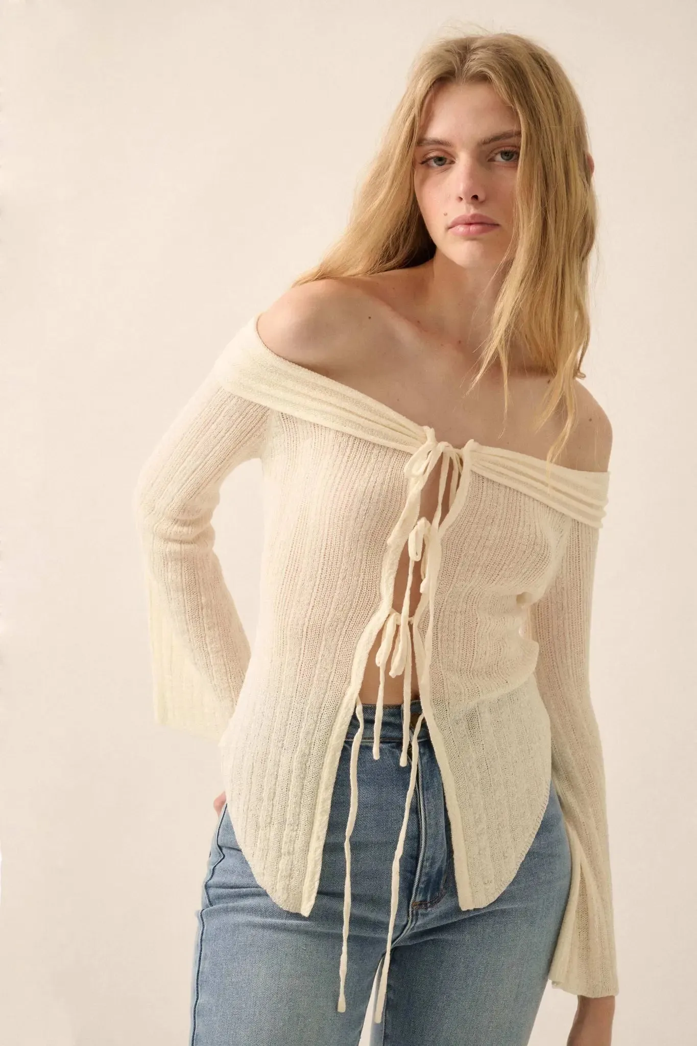 Dear Diary Off-Shoulder Tie-Front Cardigan sold by Promesa product image thumbnail 4