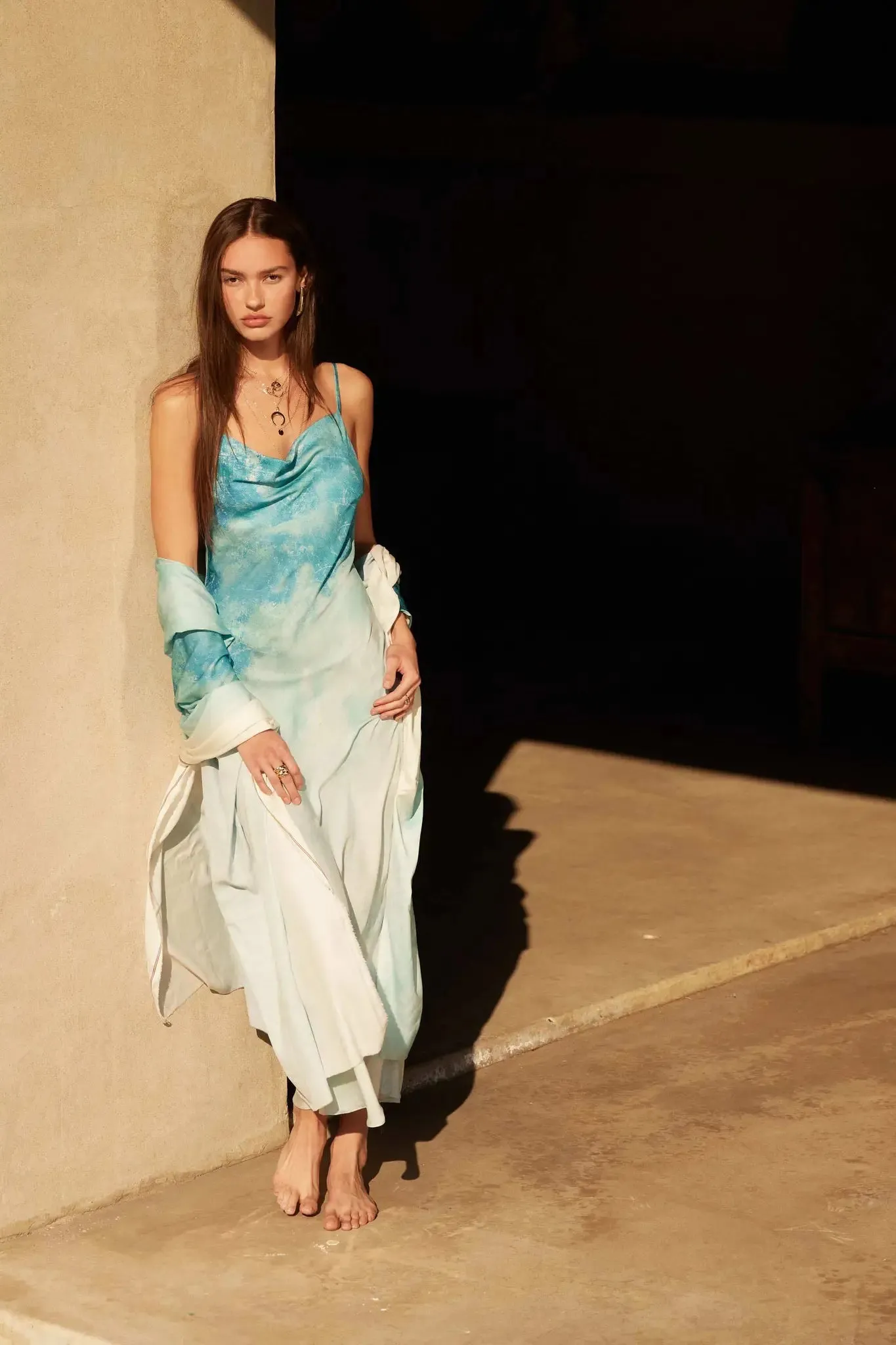 Gentle Rain Tie-Dye Satin Cowl-Neck Maxi Dress sold by Promesa product image thumbnail 3