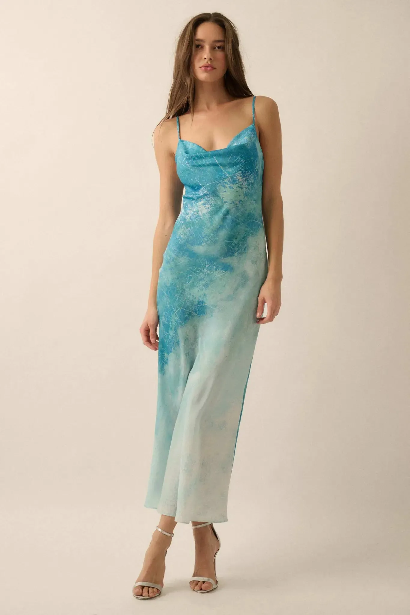 Gentle Rain Tie-Dye Satin Cowl-Neck Maxi Dress sold by Promesa product image thumbnail 4