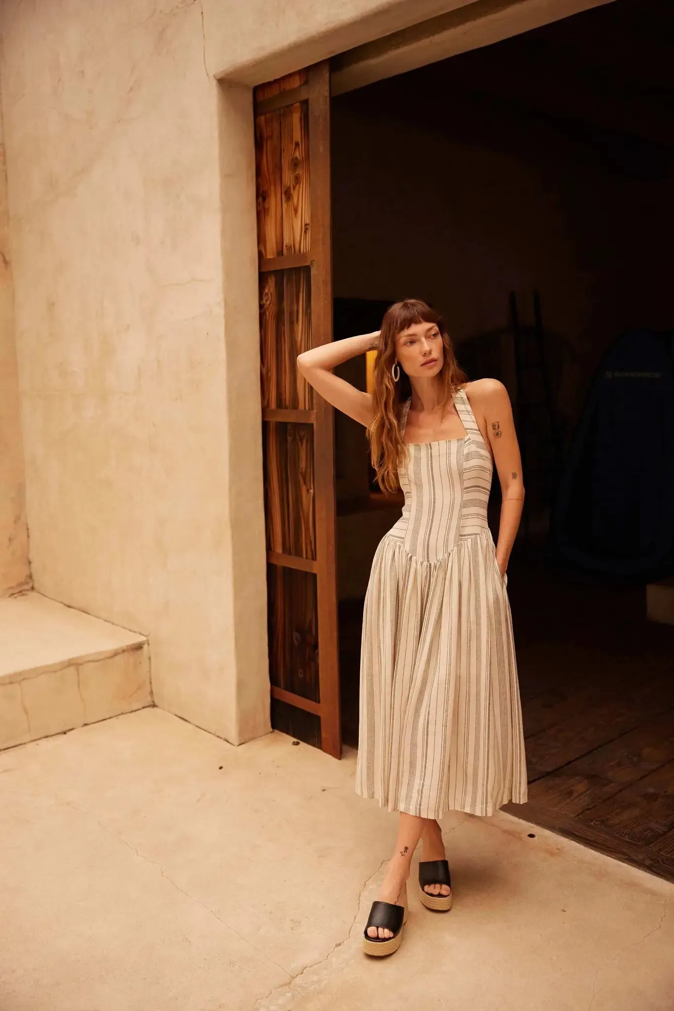 Along the Way Pinstripe Drop-Waist Midi Dress sold by Promesa product image thumbnail 3