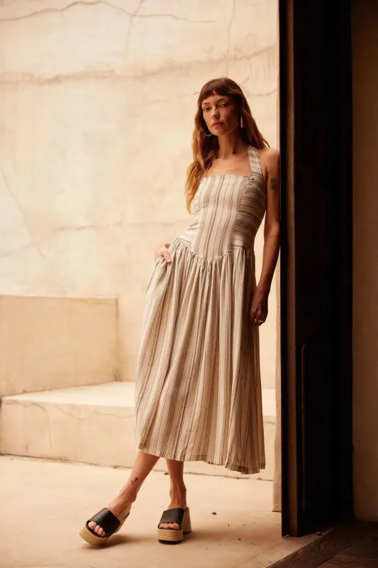 Along the Way Pinstripe Drop-Waist Midi Dress sold by Promesa