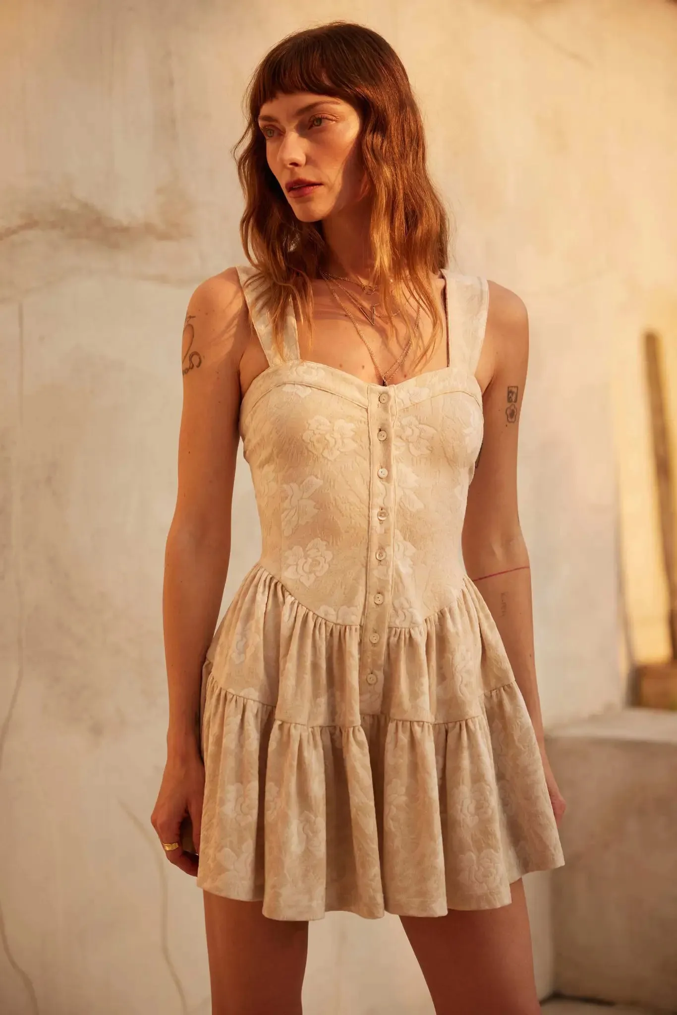 Jacquard Garden Floral Tapestry Ruffled Romper sold by Promesa