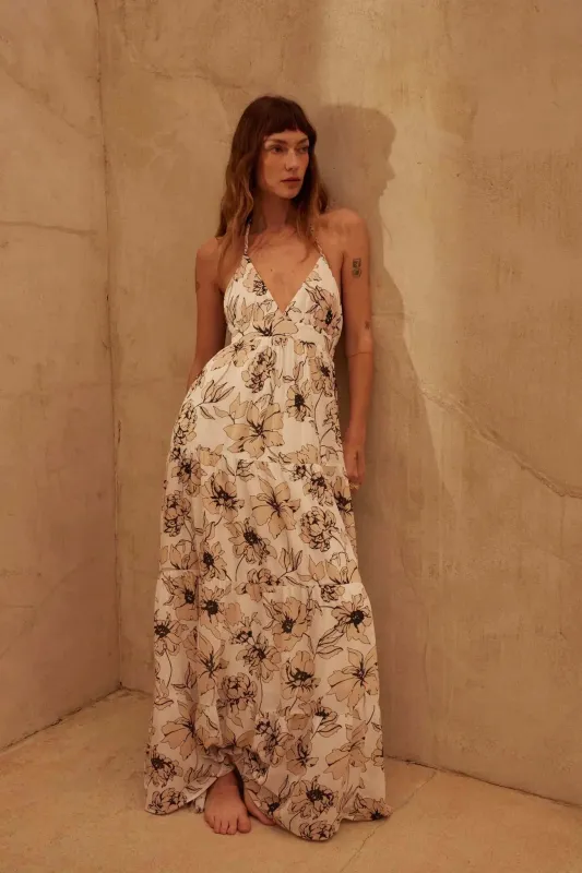 Blown Away Floral Crepe Tiered Halter Maxi Dress sold by Promesa