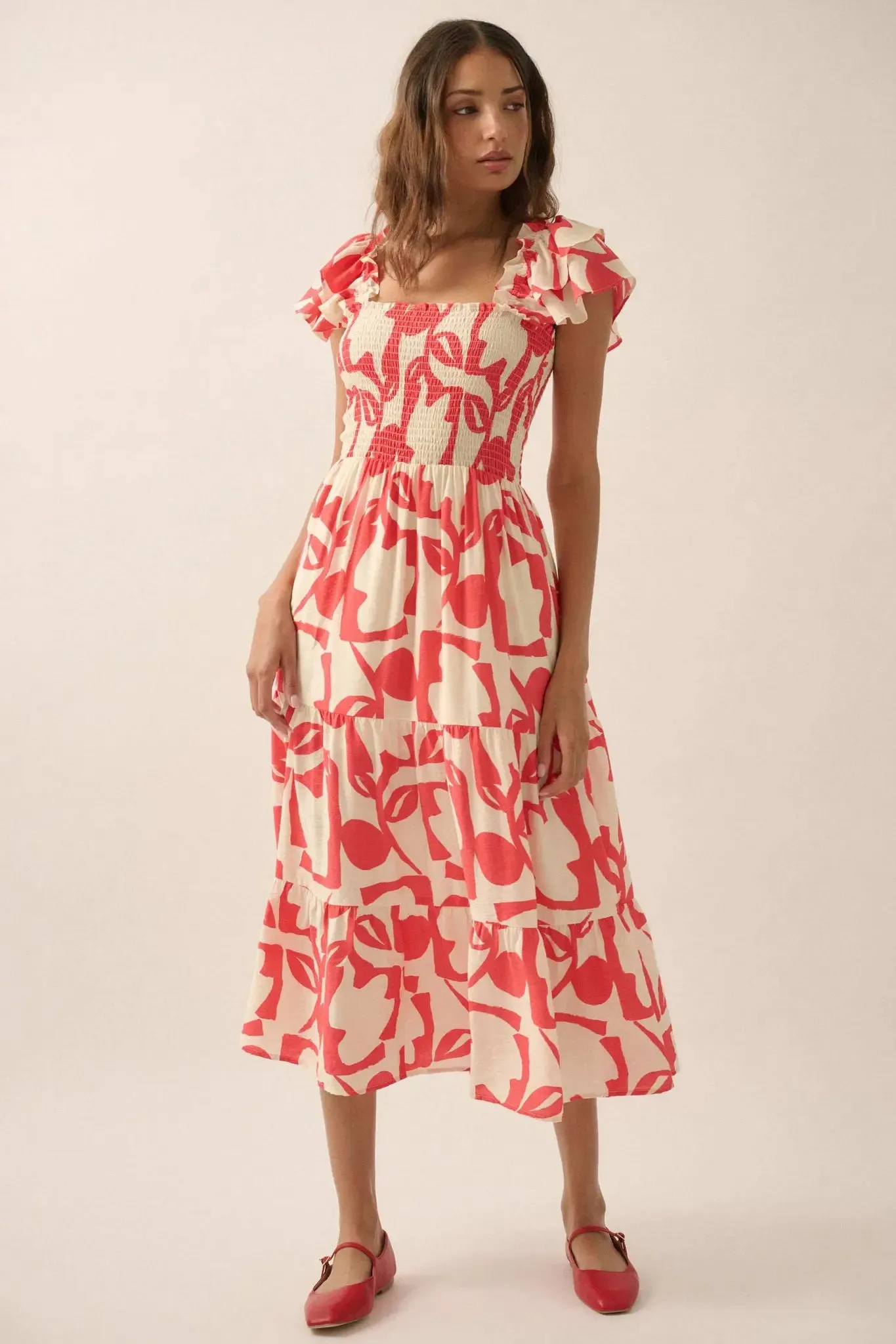 Striking Stems Abstract Floral Ruffle Midi Dress sold by Promesa product image thumbnail 4