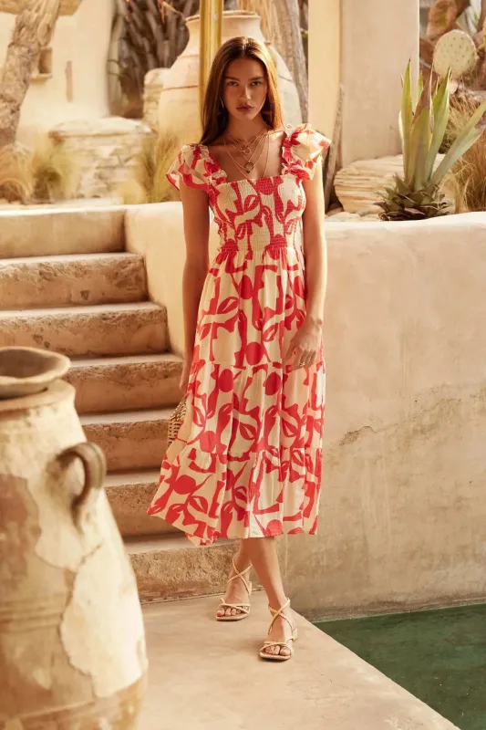 Striking Stems Abstract Floral Ruffle Midi Dress made by Promesa