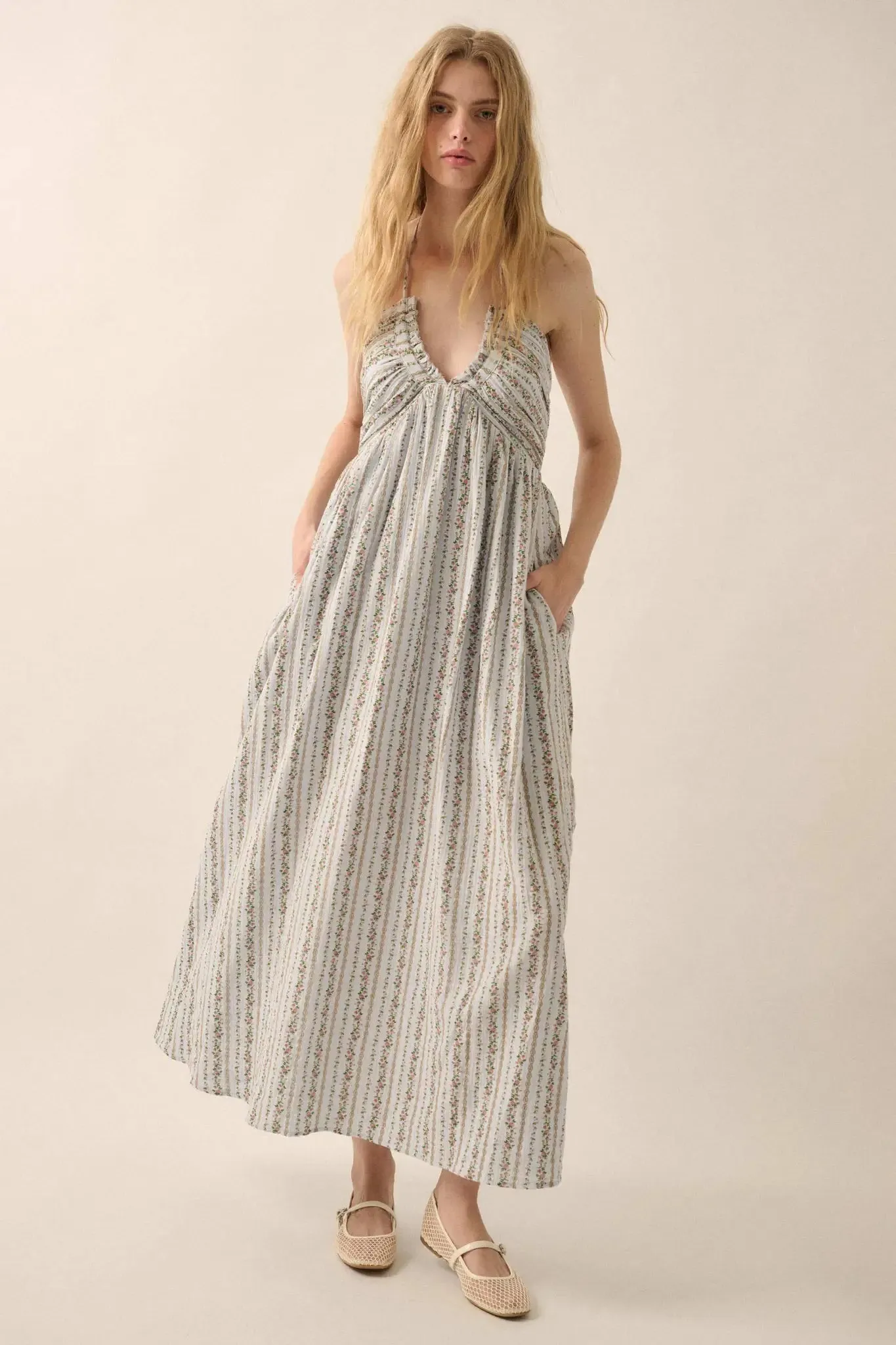 Trellis Blossoms Floral Gauze Halter Maxi Dress sold by Promesa product image thumbnail 3