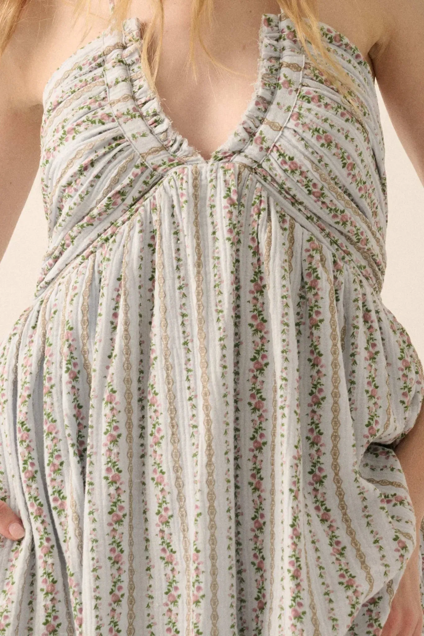 Trellis Blossoms Floral Gauze Halter Maxi Dress sold by Promesa product image thumbnail 4